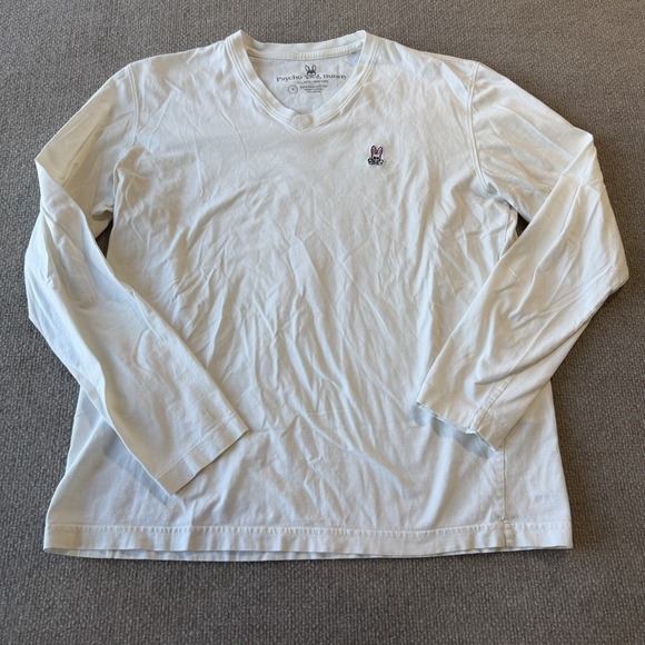Psycho Bunny Men's White Embroidered Bunny Logo V-Neck Long Sleeve T-Shirt‎ S - Picture 2 of 10